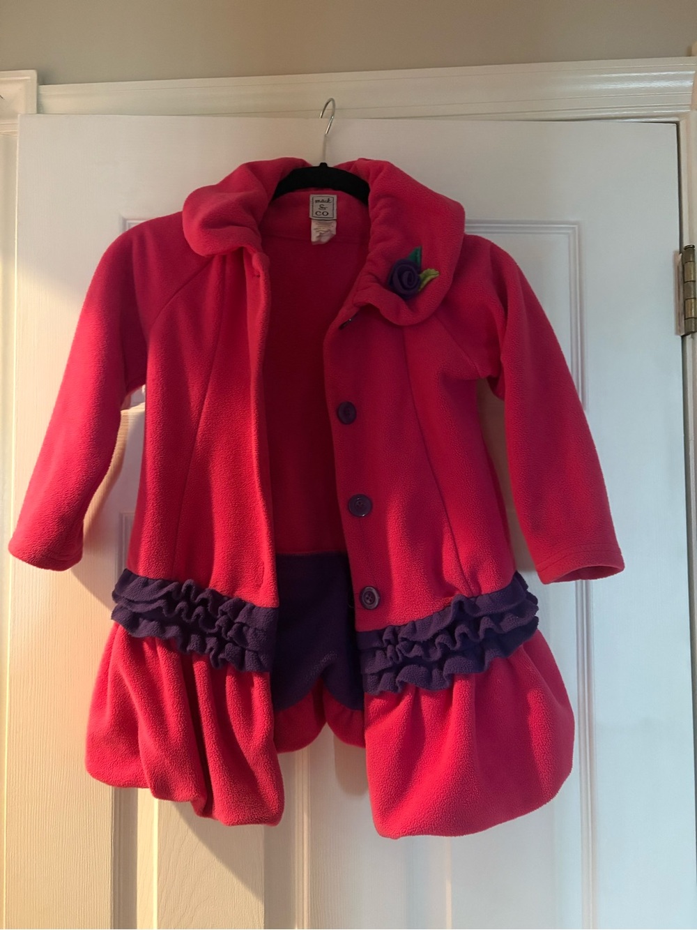 Kids Bright Pink Pea Coat with Purple Ruffle Trim
